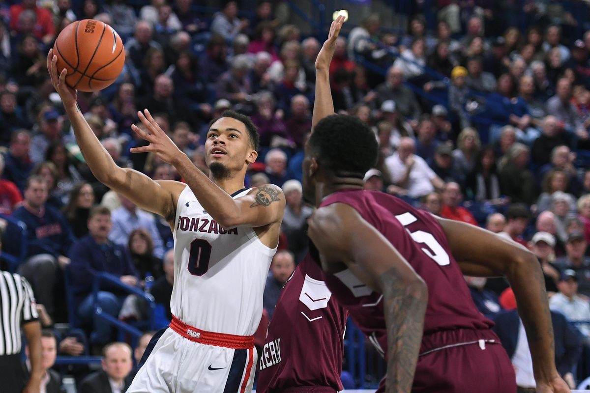 Gonzaga Bulldogs guard Geno Crandall (0) heads to the basket during the second half of a college basketball game, Sat., Nov. 10, 2018, in the McCarthey Athletic Center. (Colin Mulvany / The Spokesman-Review)