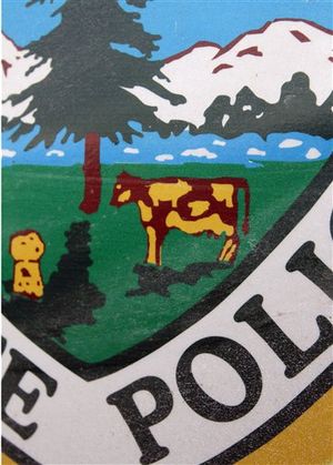Some Vermont inmates have gotten the best of the state police by adding a pig to thus state decal on their cruisers. One of the spots on the cow in the state crest has been changed to the shape of a pig, a derogatory term for police.  (AP Photo/Toby Talbot) ( (AP Photo/Toby Talbot))