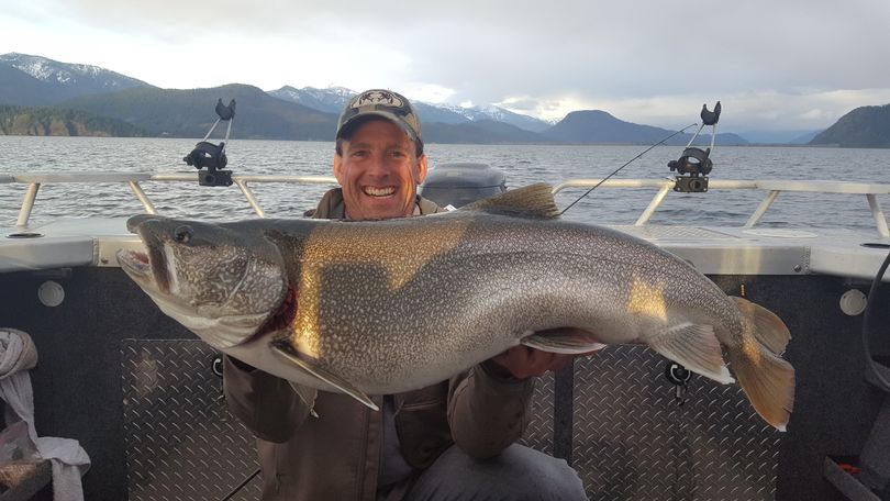 Derek Blanchard of Kalispell, Montana, holds his 22.90-pound mackinaw, which was the largest fish caught on April 30, the first day of the Lake Pend Oreille Spring Derby.  The fish measured 37 inches long.
 (Lake Pend Oreille Idaho Club)