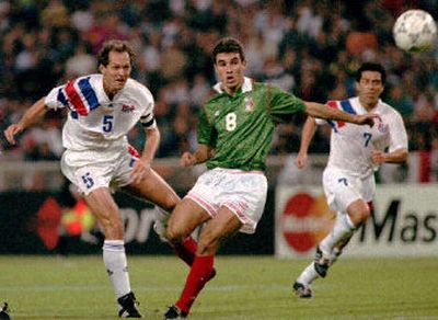 
Hugo Perez, right, competes for U.S. during game against Mexico in 1993 at Washington, D.C. 
 (Associated Press / The Spokesman-Review)