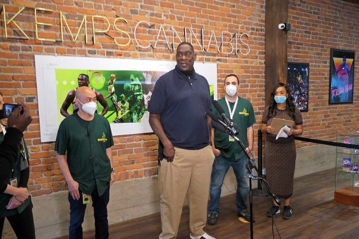 Owner Shawn Kemp addresses media at the grand opening of his cannabis retailer in Seattle’s Lower Queen Anne neighborhood on Friday, Oct. 30, 2020.  (John Nelson/For Evercannabis)