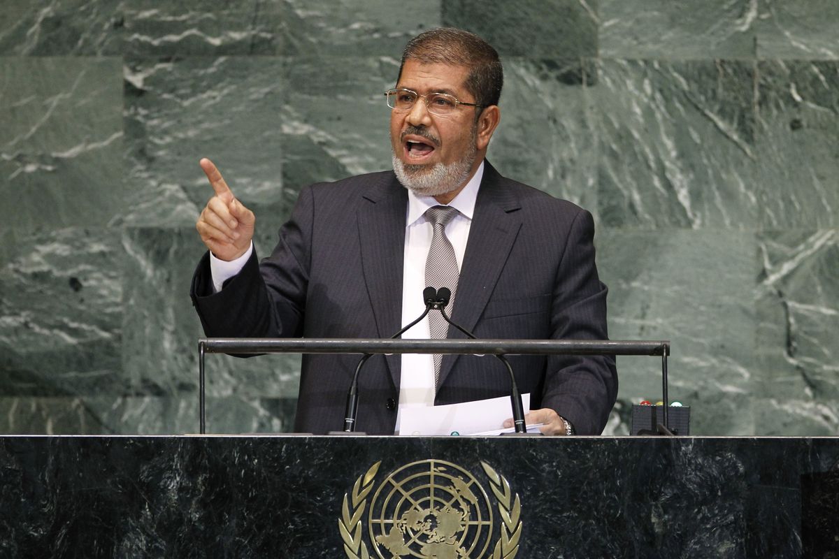 Mohammed Morsi, President of Egypt, addresses the 67th session of the United Nations General Assembly at U.N. headquarters, Wednesday, Sept. 26, 2012. (Jason Decrow / Fr103966 Ap)