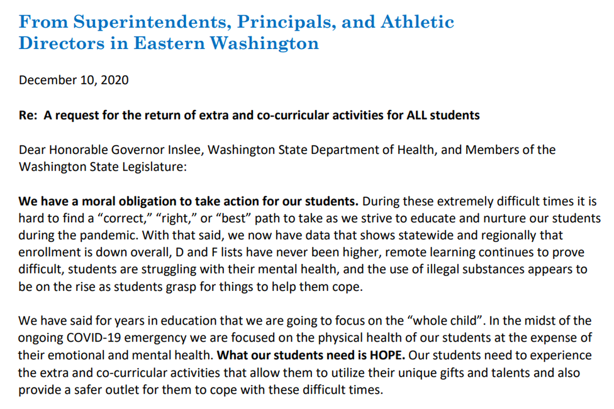 An excerpt of a letter from the District 7 and 9 administrators to Gov. Jay Inslee asking for a return to high school athletics and activities. 