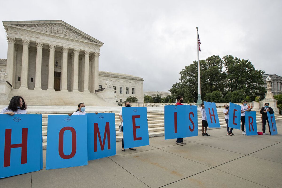 Deferred Action for Childhood Arrivals (DACA) students gather on June 18 in front of the Supreme Court in Washington.  (Manuel Balce Ceneta)