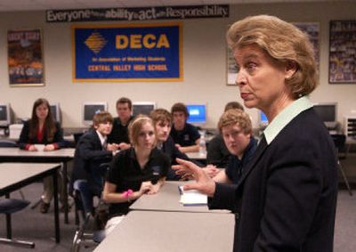 
Washington state Gov.  Chris Gregoire visits  the Central Valley High School entrepreneurship class Tuesday before making an announcement about her  proposed rainy day fund. She talked with the students about her life as the governor. 
 (J BART RAYNIAK / The Spokesman-Review)