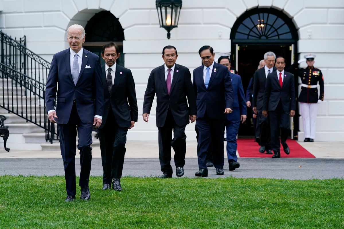 President Joe Biden and leaders from the Association of Southeast Asian Nations (ASEAN) arrive for a group photo on the South Lawn of the White House in Washington, Thursday, May 12, 2022.  (Susan Walsh)