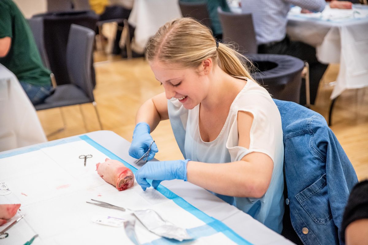 Dana Arenz, a first-year medical student, practices suturing techniques Feb. 19 on the Gonzaga campus as part of the University of Washington School of Medicine foundations site in Spokane. (Courtesy)
