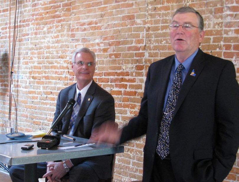House Speaker Scott Bedke, right, and Senate President Pro-Tem Brent Hill, left, address the Idaho Press Club on Wednesday (Betsy Russell)