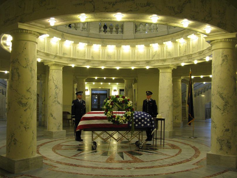 White-gloved military guards stand at attention at the casket of Pete Cenarrusa, Idaho's longest-serving elected official, in the rotunda of the state Capitol on Thursday (Betsy Russell)