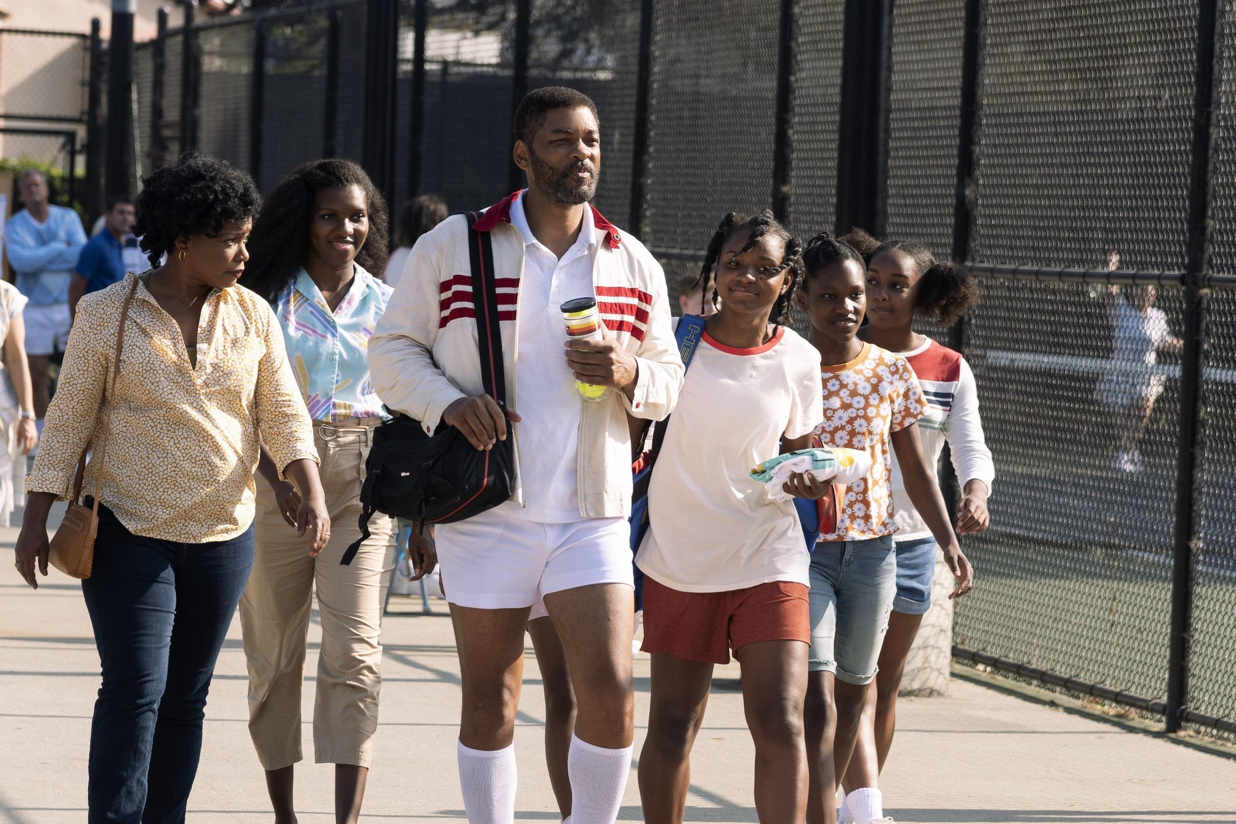 Aunjanue Ellis, Mikayla Bartholomew, Will Smith, Saniyya Sidney, Demi Singleton and Daniele Lawson in “King Richard.”  (Chiabella James/Warner Bros.)