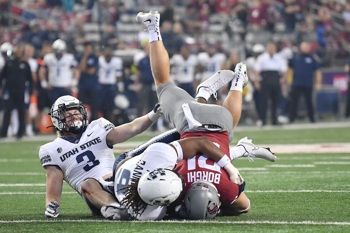 Washington State Cougars running back Max Borghi (21) is stopped short of the goal line during the second half of college football game on Saturday, Sep 4, 2021, at Martin Stadium in Pullman, Wash.  (Tyler Tjomsland/The Spokesman-Review)