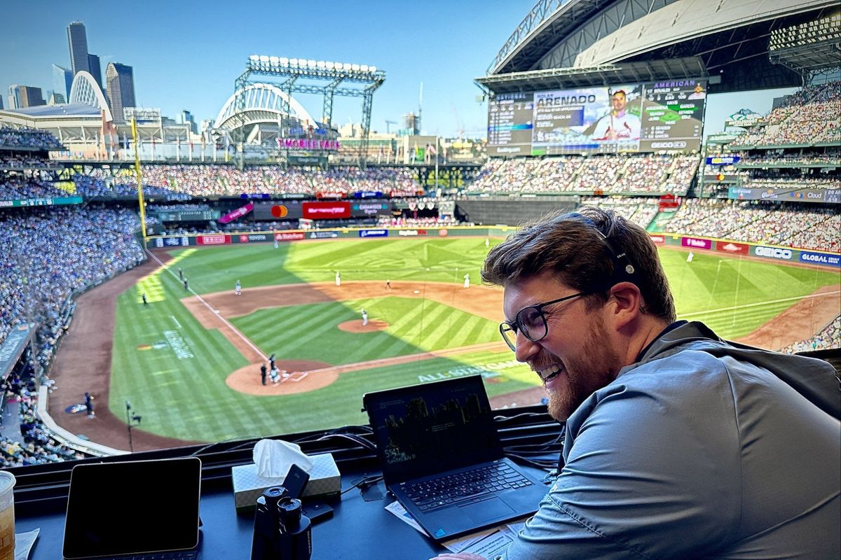 Tyler Thompson, the Seattle Mariners Game Entertainment and Experiential Marketing Director, is photographed at T-Mobile Park in Seattle after the Mariners clinched a postseason berth in September.  (Courtesy)