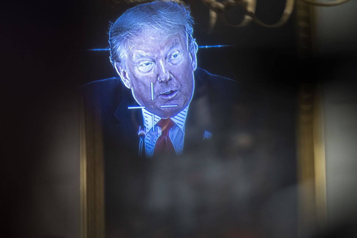 Donald Trump, seen through a television camera in 2020.  (Jabin Botsford/The Washington Post)