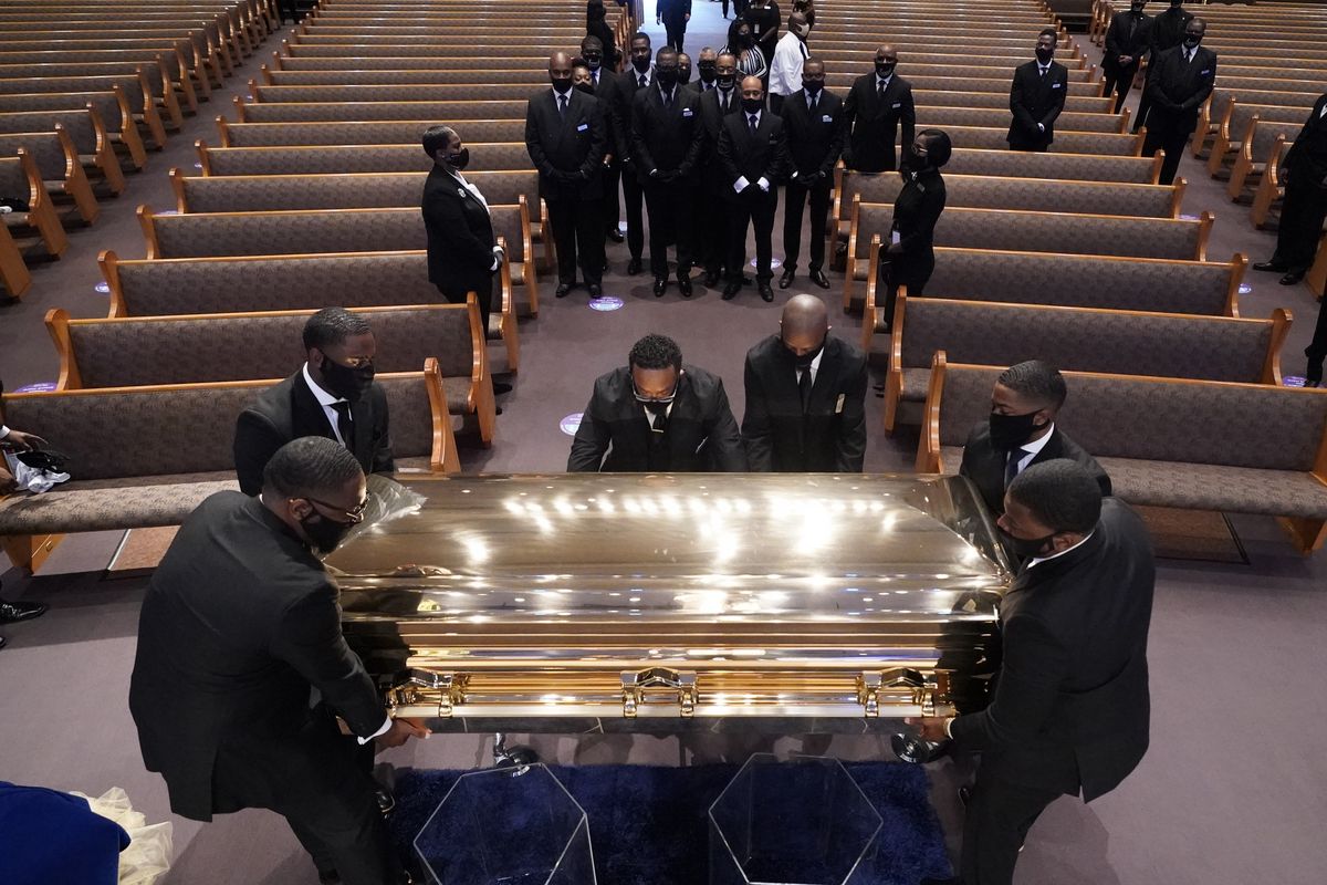 The casket of George Floyd is placed in the chapel during a funeral service for Floyd at the Fountain of Praise church, Tuesday, June 9, 2020, in Houston.  (David J. Phillip)