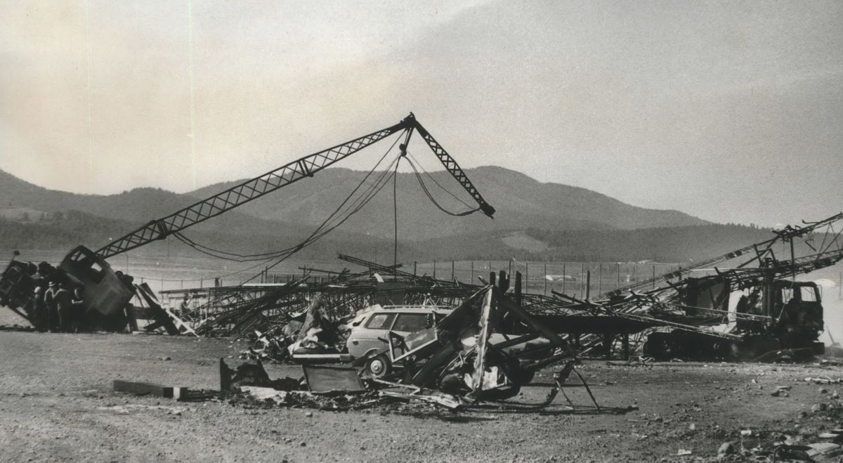 The aftermath of a riot at Northwest Speedway. Concertgoers at the speedway for the three-day Nor’wester ’76 rock festival rioted on June 5, 1976, when it became clear that it had been canceled the morning of the second day. (The Spokesman-Review photo archive)