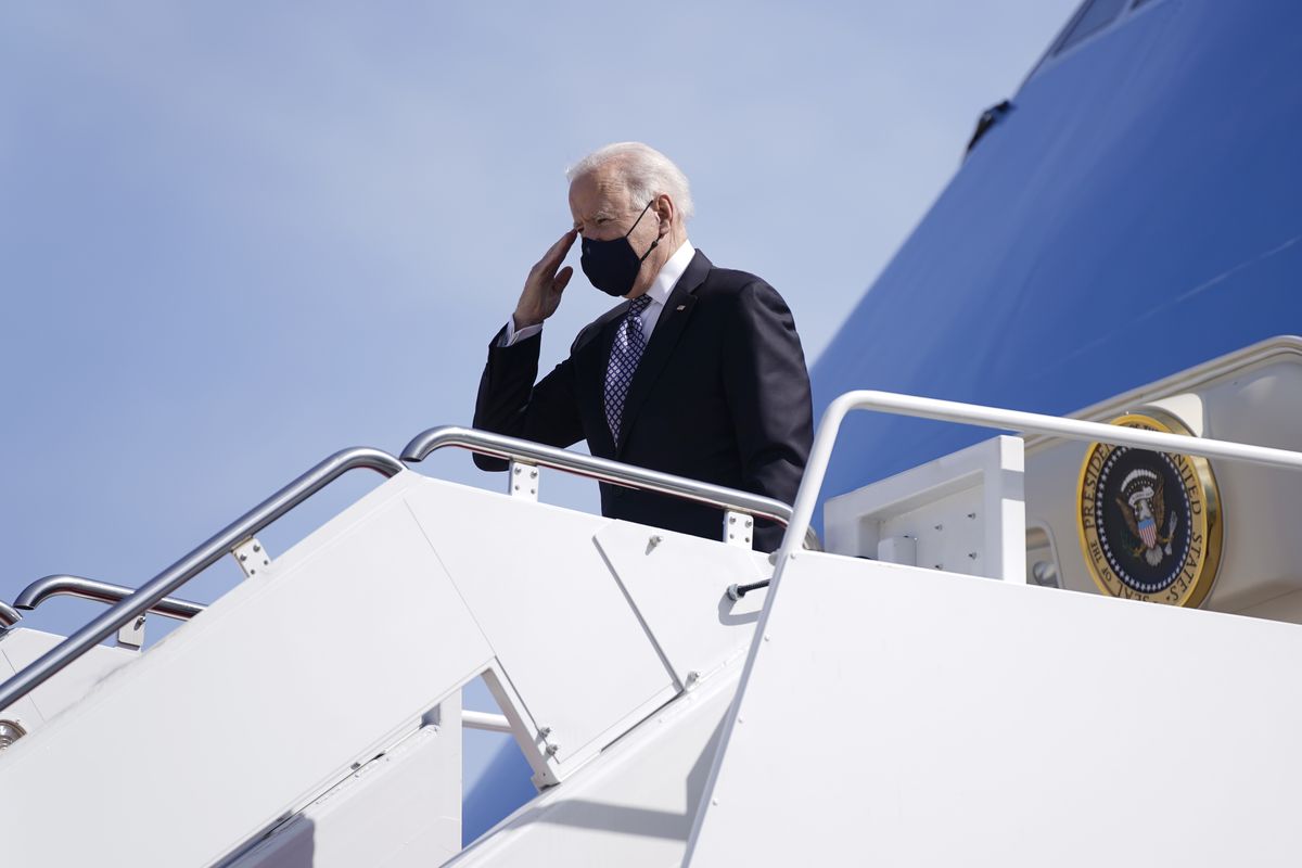 President Joe Biden boards Air Force One at Andrews Air Force Base, Md., Friday, March 19, 2021. Biden is en route to Georgia.  (Patrick Semansky)