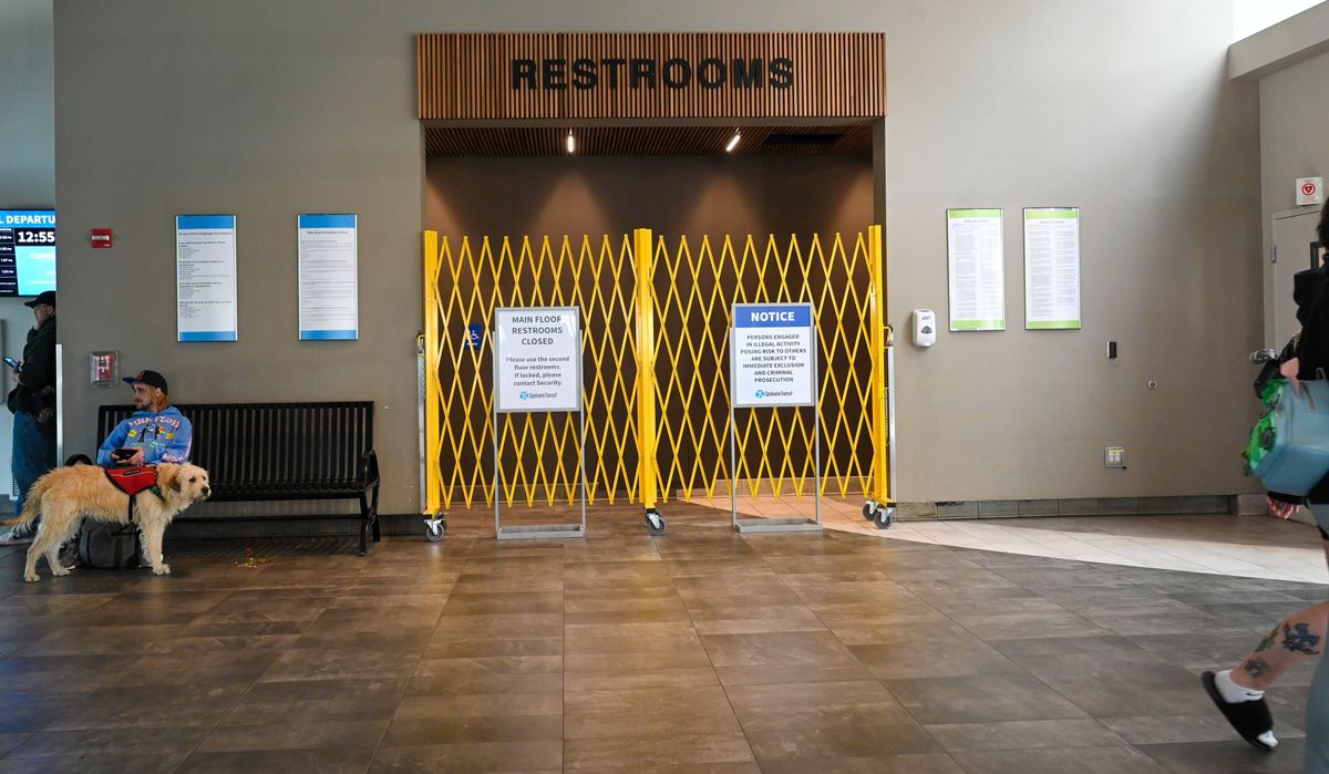 The first-floor restrooms at the STA Plaza have been closed. Signs now direct patrons to the second floor.  (DAN PELLE/THE SPOKESMAN-REVIEW)