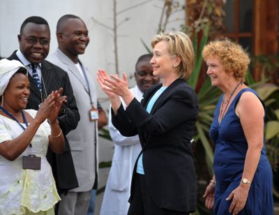 Secretary of State Hillary Rodham Clinton is greeted by patients and staff of the Heal Africa clinic in Goma, Congo, on Tuesday.  (Associated Press / The Spokesman-Review)