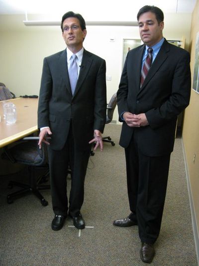 U.S. House Majority Leader Eric Cantor, left, with Idaho Rep. Raul Labrador, right, in Boise on Wednesday. (Betsy Russell)