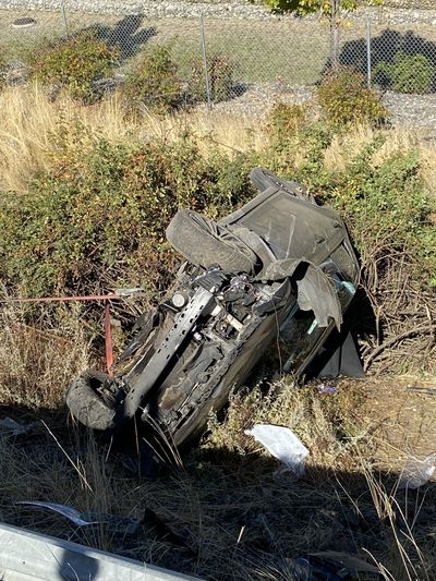 Jadyn R. Cavitt, 19, of Spokane, was injured when the 2012 Chrysler 300 he was driving Thursday morning on Interstate 90 in Spokane Valley crashed at the Evergreen Road on-ramp. The Washington State Patrol said Cavitt was driving at a high rate of speed.   (Courtesy of Washington State Patrol)