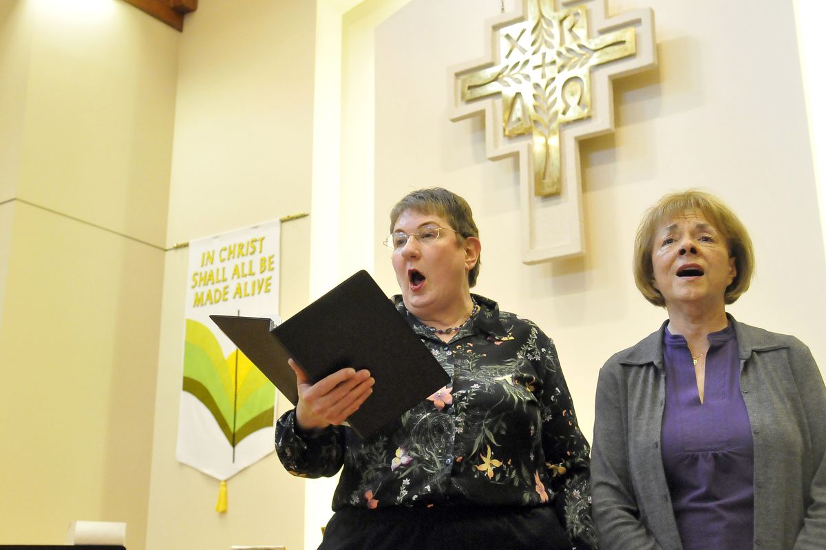 Sharon Rancour, left, and Diane Fritz sing a duet from “Hansel and Gretel” Monday during a Monday Musicale rehearsal at Hamblen Park Presbyterian Church. The group is celebrating 100 years. (Jesse Tinsley)