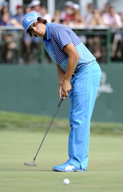 Rickie Fowler reacts to a missed putt on the 17th hole during the third round of the AT&T National golf tournament Saturday. (Associated Press)