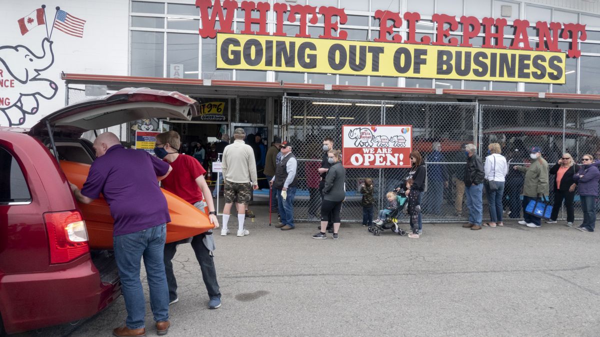 Like the store on Division Street, the White Elephant store on Sprague Avenue in Spokane Valley also had a line of people waiting to get inside the store for their going-out-of-business sale Tuesday, June 9, 2020. Jesse Tinsley/THE SPOKESMAN-REVIEW  (JESSE TINSLEY)