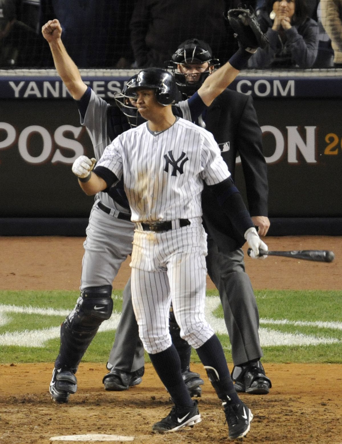 Detroit catcher Alex Avila, rear, reacts as Alex Rodriguez strikes out to end Thursday’s game. (Associated Press)