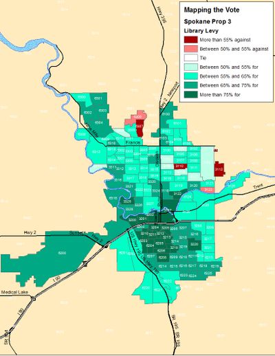 This map shows the precinct breakdowns for Spokane Proposition 3, the Library Levy, in the election night totals. (Jim Camden)