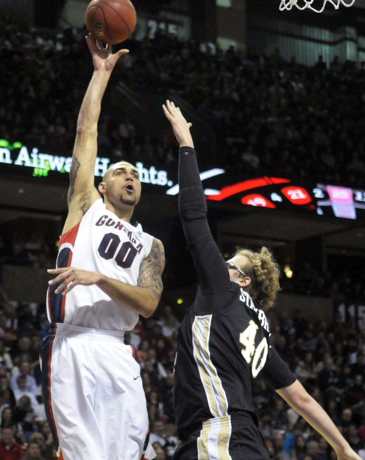 Robert Sacre tied for GU’s team high with 15 points in win at the Arena on Saturday. (Associated Press)