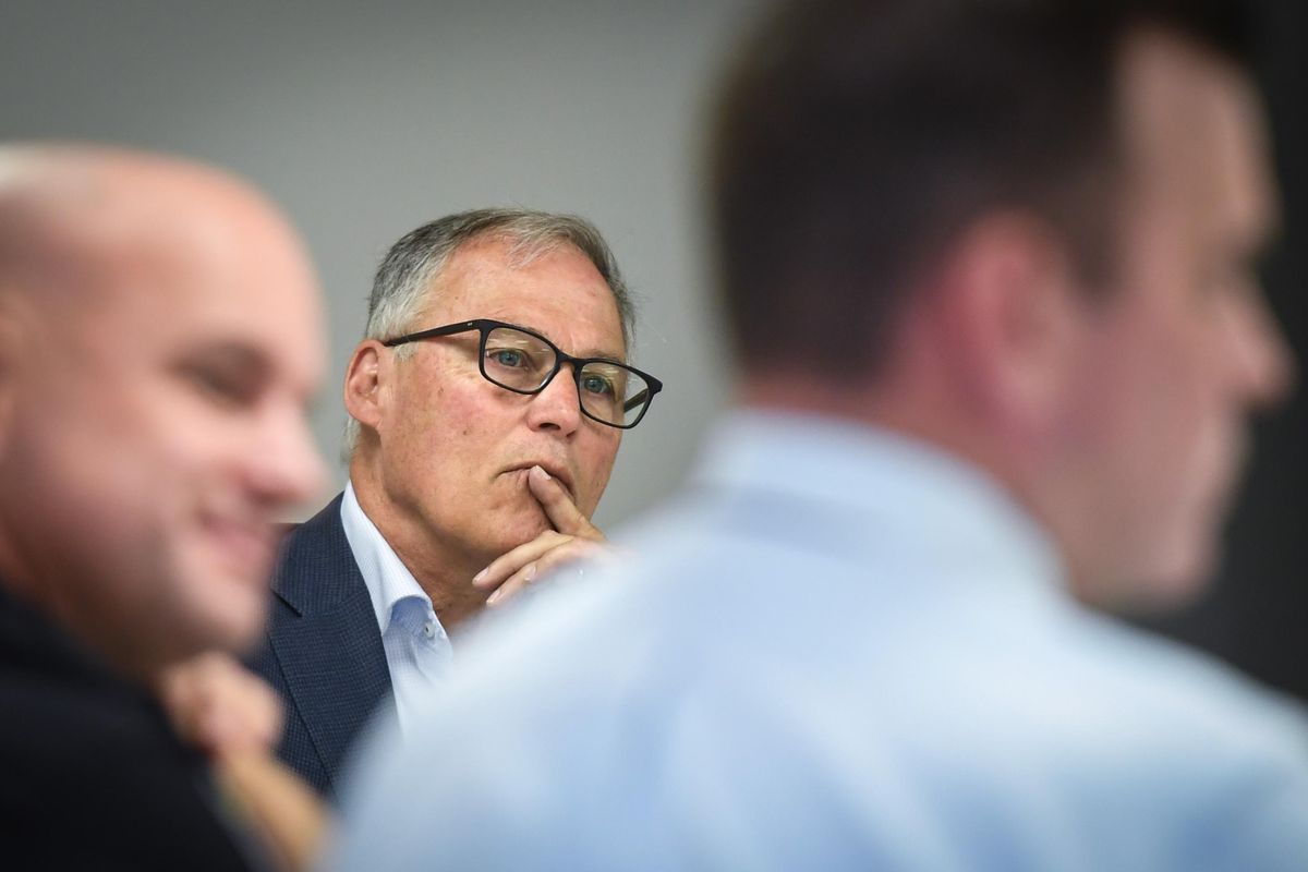 Gov. Jay Inslee meets with city, county and elected officials at Spokane Resource Center, Friday, June 7, 2019. (Dan Pelle / The Spokesman-Review)