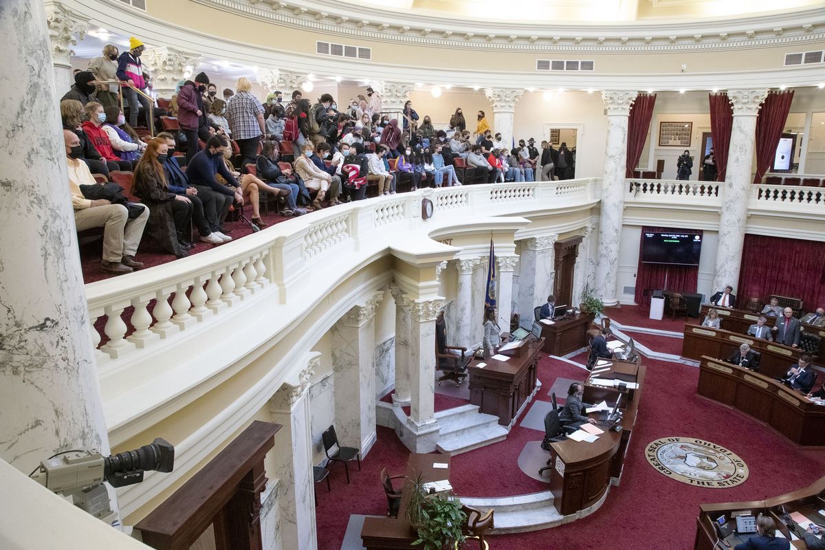 In this April 26, 2021 photo, Idaho students fill the gallery as H377 is debated and passed by the Idaho Senate at the Idaho Statehouse in Boise. The Idaho Senate has approved legislation aimed at preventing schools and universities from "indoctrinating" students through teaching critical race theory, which examines the ways in which race and racism influence American politics, culture and the law.  (Darin Oswald)