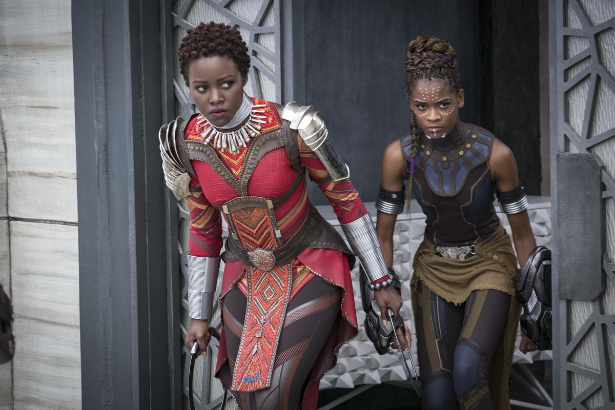 Lupita Nyong’o, left, and Letitia Wright are among the strong woman featured in Marvel’s “The Black Panther.” (Matt Kennedy / Marvel Studios-Disney)
