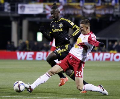 In this Nov. 22, 2015, file photo, New York Red Bulls defender Matt Miazga, right, works for the ball against Columbus Crew forward Kei Kamara during the first leg of the MLS soccer Eastern Conference championship in Columbus, Ohio. Miazga is with the U.S. national team for the first time in more than a year as the Americans prepare for a Saturday, July 1, exhibition against Ghana and the CONCACAF Gold Cup. (Paul Vernon / Associated Press)