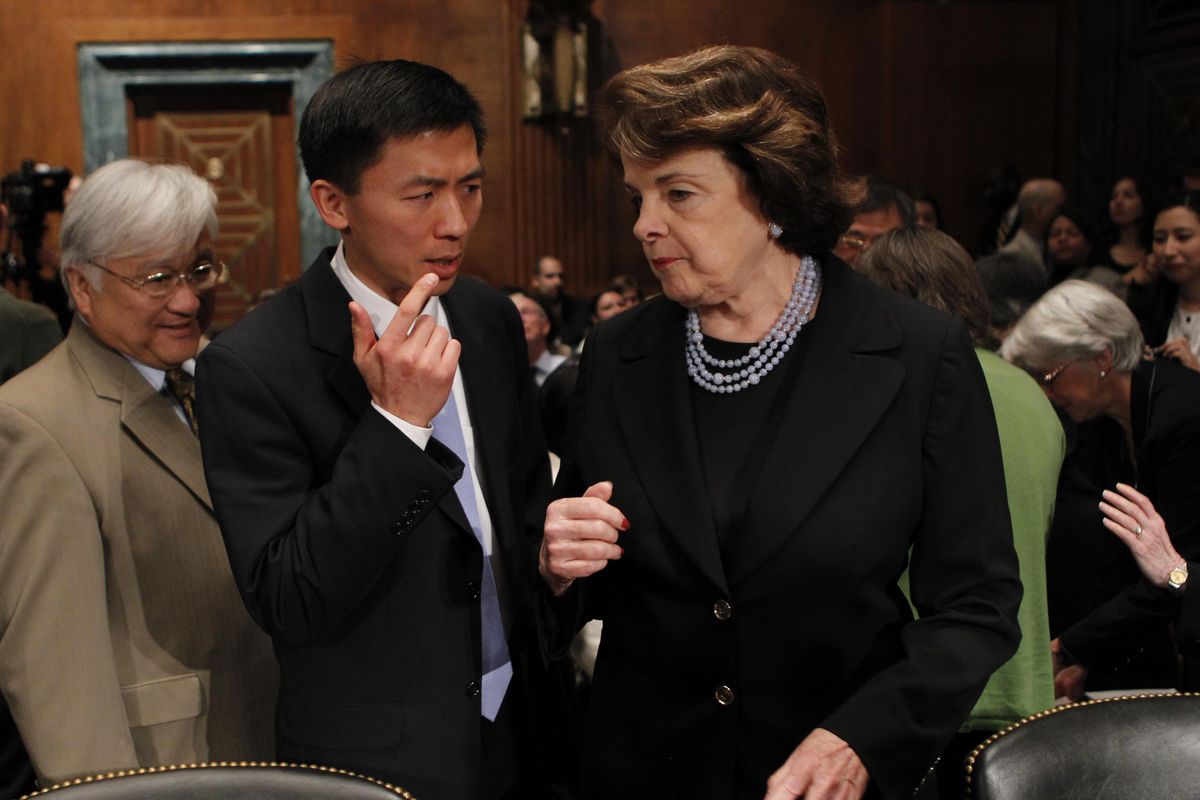 California law professor Goodwin Liu talks with Senate Judiciary Committee member  Dianne Feinstein, D-Calif., on Friday, prior to testifying before the committee on his nomination to the 9th Circuit U.S. Court of Appeals. Associated Press photos (Associated Press photos)