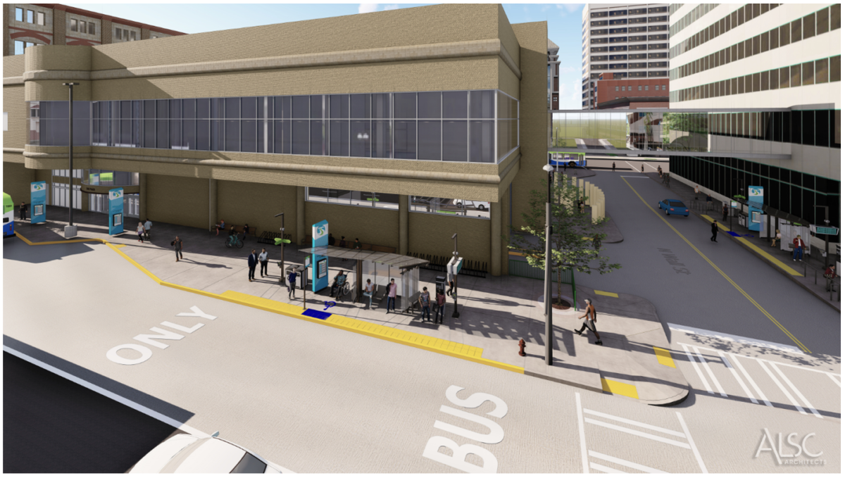 An illustration of the Sprague Avenue Central City Line station at the Spokane Transit Authority Plaza in downtown Spokane. The foundation for the stop is under construction, but the vertical elements are not a part of the current project. They will be added in 2020-2021. (Courtesy Spokane Transit Authority)