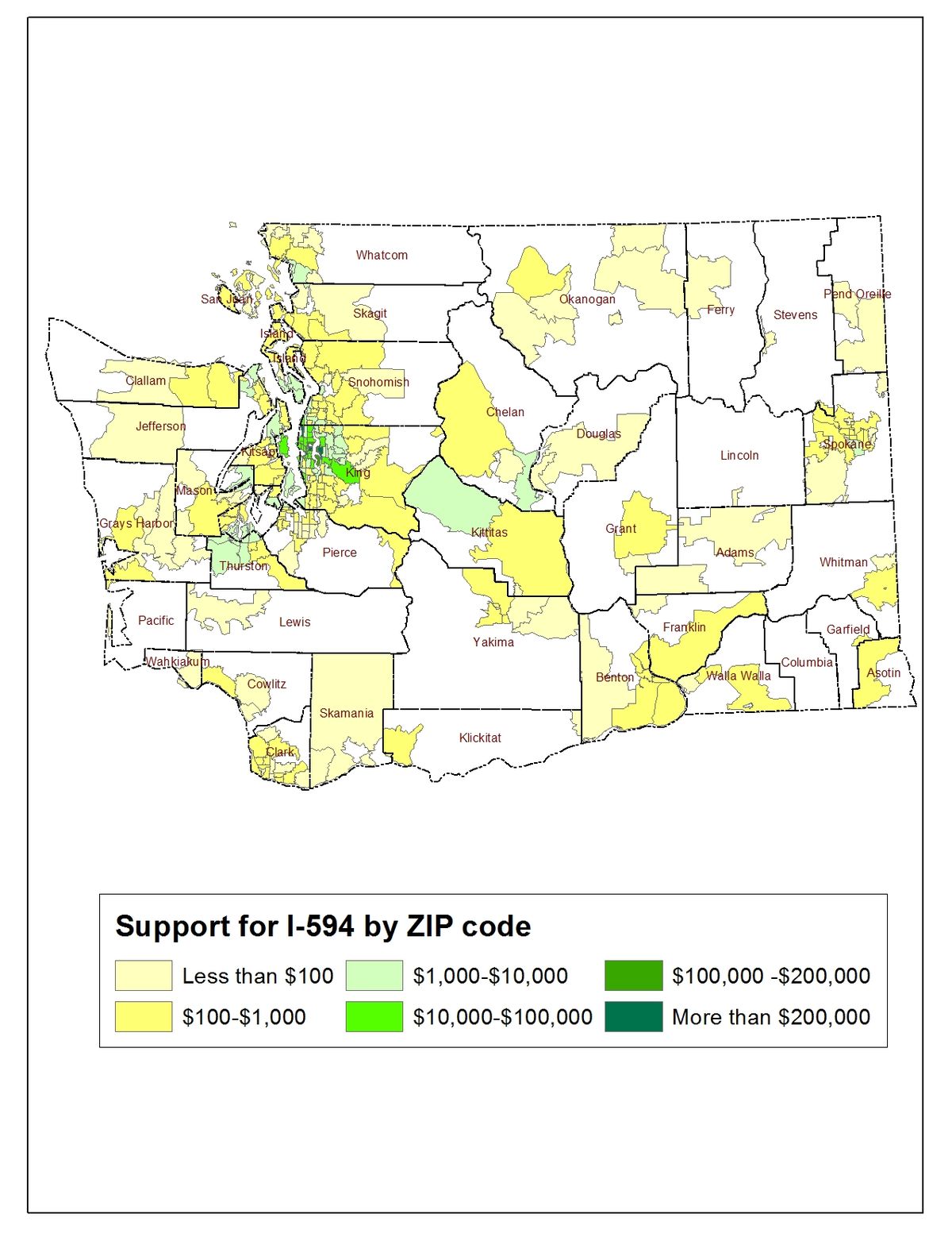 This is a map of the contributions to I-594 by Washington State ZIP code (Jim Camden)