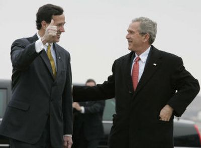 
Sen. Rick Santorum, R-Pa., left, welcomes President Bush to Pittsburgh last month for a fundraising event. Polls show Santorum trailing Democrat Bob Casey Jr. in his bid for re-election. 
 (Associated Press / The Spokesman-Review)