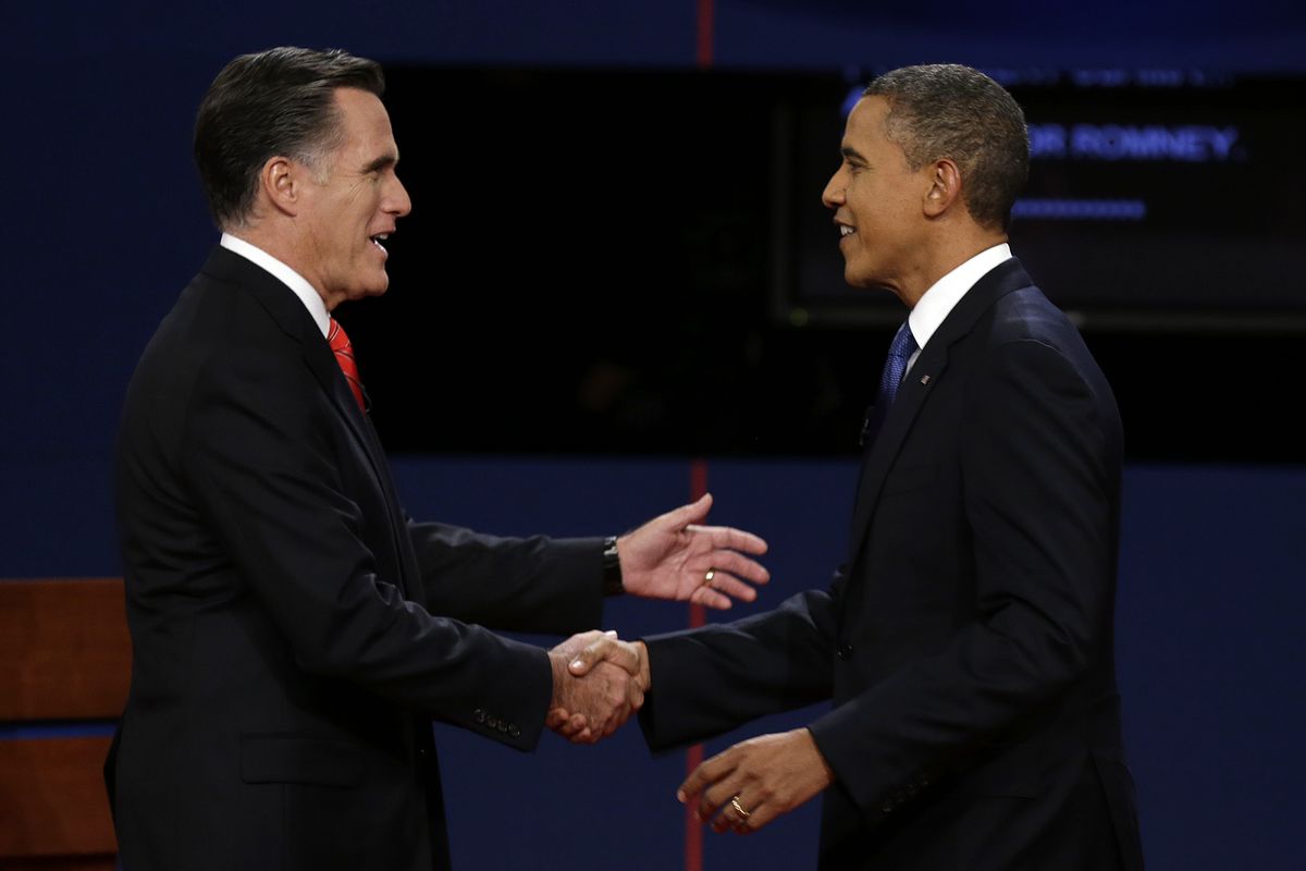 Republican presidential nominee Mitt Romney  and President Barack Obama  shake hands before the first presidential debate at the University of Denver, Wednesday, Oct. 3, 2012, in Denver. (Charlie Neibergall / Associated Press)