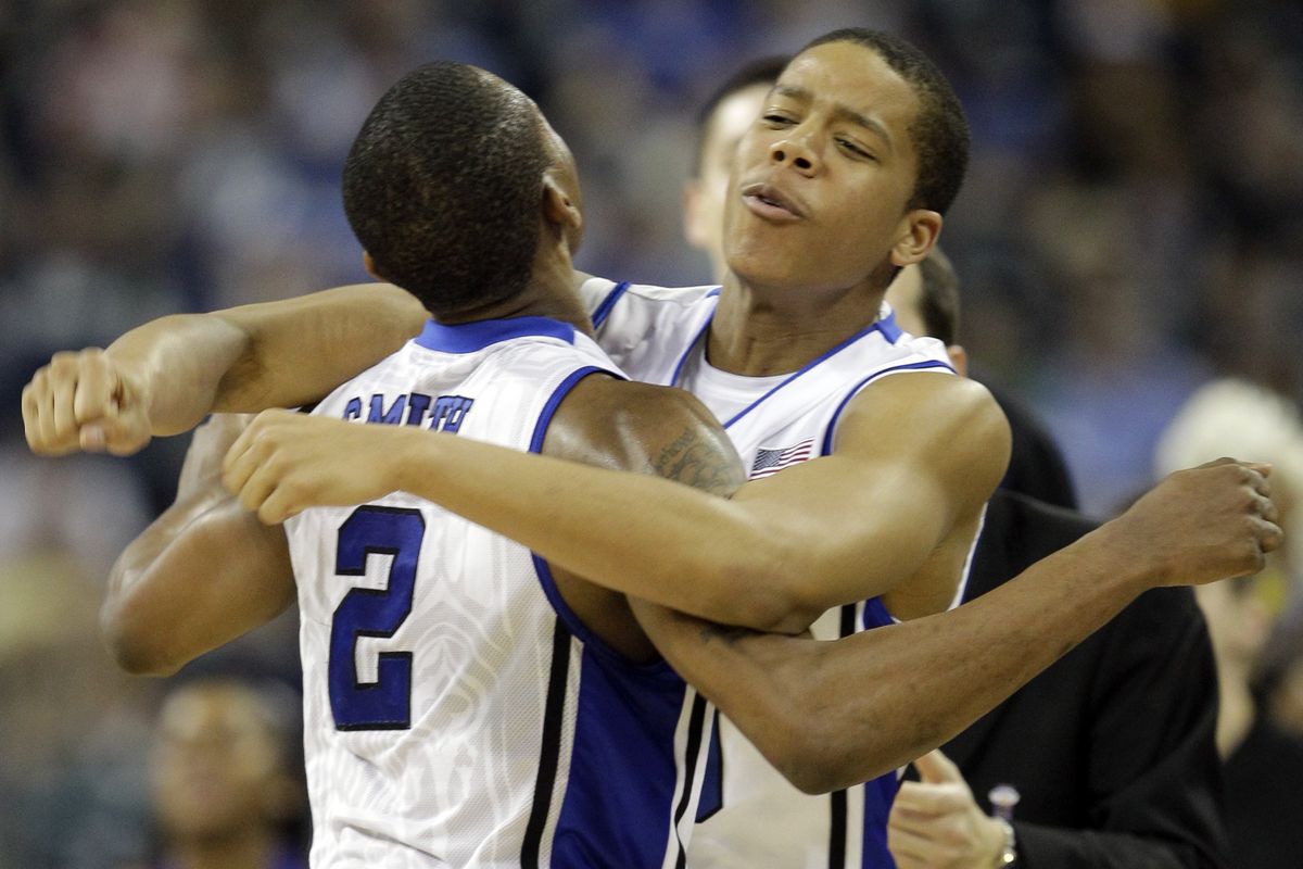 Andre Dawkins, right, has given Nolan Smith and his other Duke teammates a lift with his offense off the bench.  (Associated Press)
