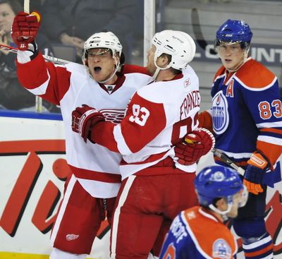 Detroit’s Marian Hossa, left, scored for a 2-1 lead over the Oilers.  (Associated Press / The Spokesman-Review)