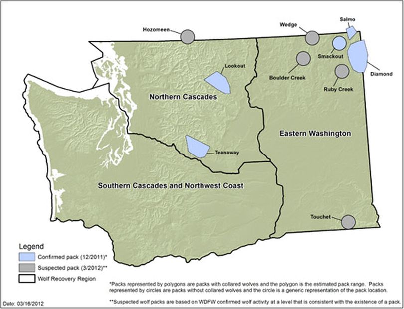 Map shows verified and suspected wolf packs in Washington as of March 2012. (Washington Fish and Wildlife Department)