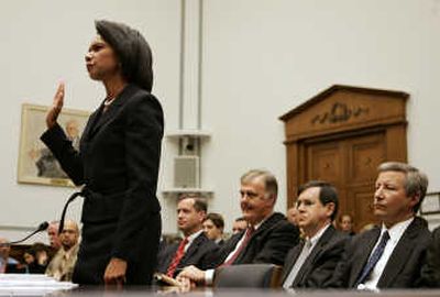 
Secretary of State Condoleezza Rice is sworn in on Capitol Hill  prior to testifying before a House committee hearing on Iraq. Associated Press
 (Associated Press / The Spokesman-Review)