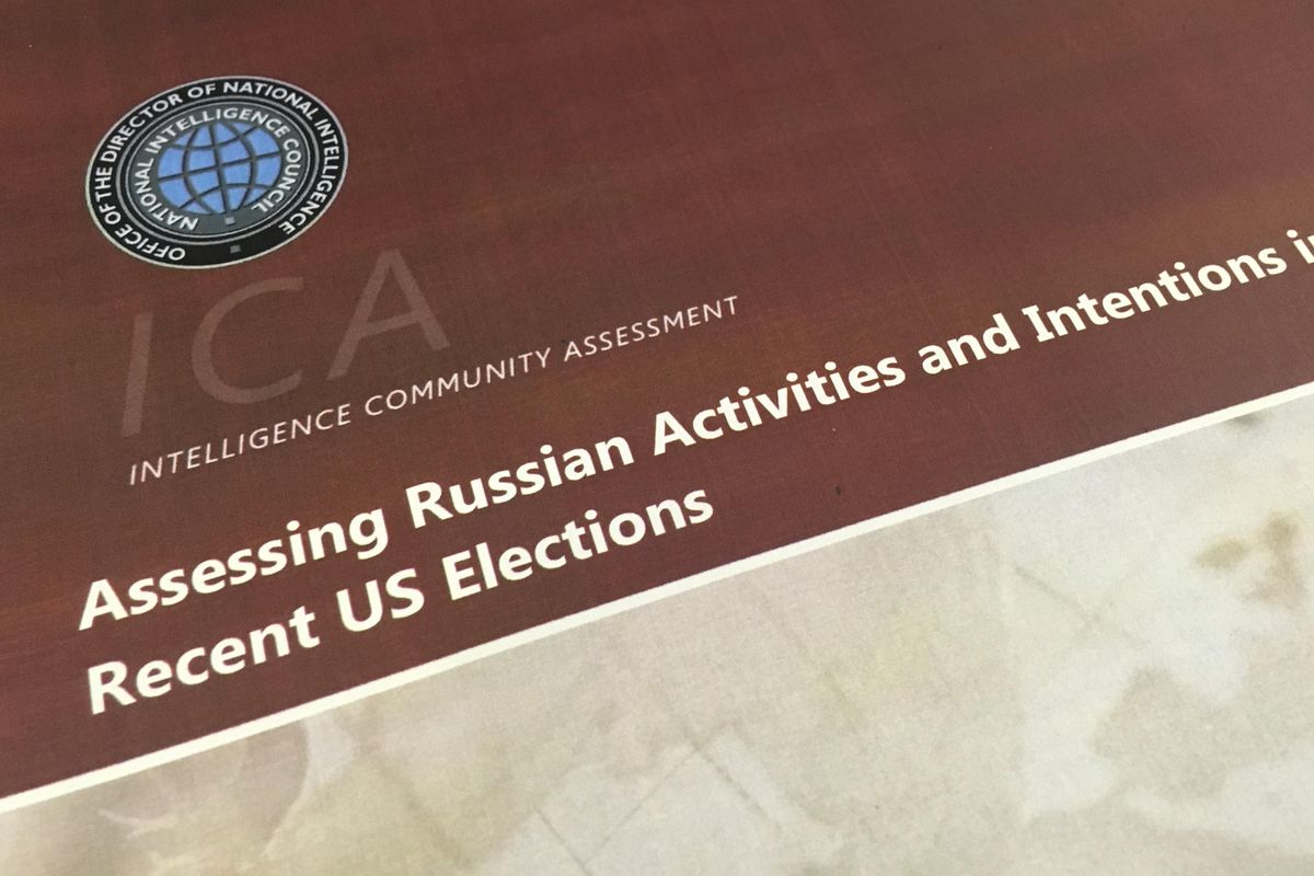 A part of the declassified version Intelligence Community Assessment on Russia’s efforts to interfere with the U.S. political process isshown in Washington, on Friday, Jan. 6, 2017. (Jon Elswick / AP)