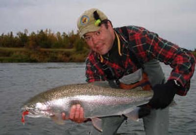 Not to be outdone by a famous basketball coach half his size, Greg Heister holds a 32-inch rainbow trout while fly fishing and filming on Alaska's Kvichak River. Photo courtesy of Greg Heister
(Photo courtesy of Greg Heister / The Spokesman-Review)