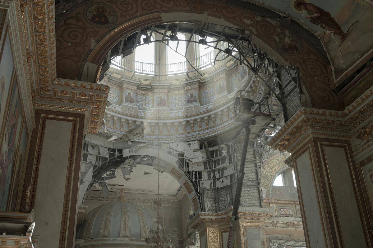 Destruction inside the Odesa Transfiguration Cathedral after a Russian missile strike in Odesa, Ukraine, July 25, 2023. The repeated missile strikes this week are new for Odesa, which has largely been spared from the widespread attacks that have hit cities including nearby Mykolaiv and the capital, Kyiv.    (Emile Ducke/The New York Times)