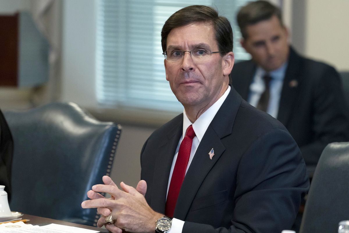 Secretary of Defense Mark Esper speaks before a meeting Sept. 22, 2020, with Israeli Defense Minister Benny Gantz, at the Pentagon in Washington. President Donald Trump has fired Esper.  (Alex Brandon)