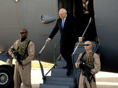 
U.S. Vice President Dick Cheney arrives at Baghdad International Airport on  Monday. He then flew by helicopter into the heavily secured Green Zone for talks with Iraqi leaders and U.S. officials. Associated Press
 (Associated Press / The Spokesman-Review)