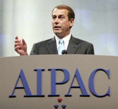 
House Majority Leader John Boehner, of Ohio, gestures while addressing the American Israel Public Affairs Committee's Policy Conference 2006 last week. 
 (Associated Press / The Spokesman-Review)
