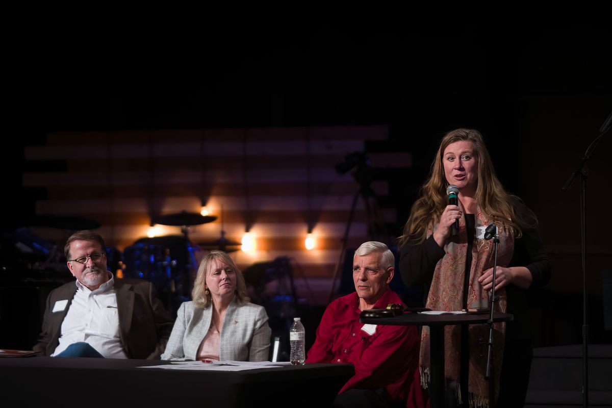 MJ Bolt, the new chair of the Spokane County Republican Party, addresses the GOP’s precinct committee officers Dec. 10 during the party’s reorganizational meeting at Valley Assembly of God church.  (Colin Tiernan/The Spokesman-Review)